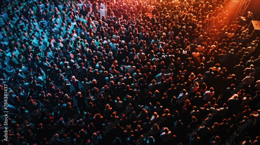 Poster a large group of people standing in front of a stage. perfect for event promotions