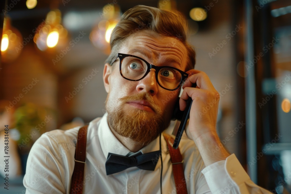 Aufkleber a man in glasses and a bow tie talking on a cell phone. suitable for business and technology concept
