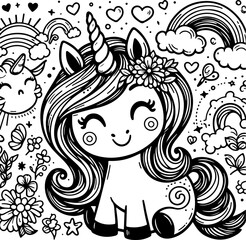 Cute little unicorn black outline children coloring book.