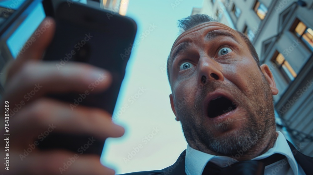 Poster a man in formal attire looking at his cell phone. suitable for business or technology concepts