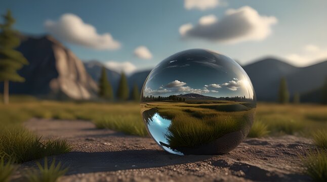 Environment conservation concept. Close up of glass globe in the forest.generative.ai 