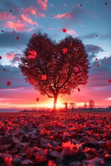 Bright sunset, heartshaped crimson tree, leaves descending softly, colorful and passionate scene
