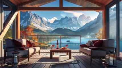 Living room and cabin balcony with mountain view. Hotel wooden huts for summer holidays Wooden cottage with courtyard and natural lake landscape - obrazy, fototapety, plakaty