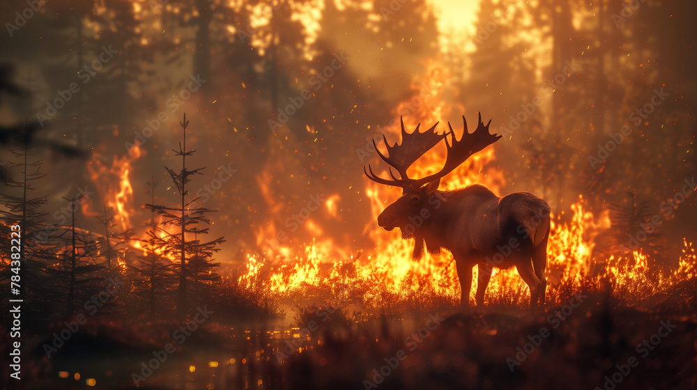 Wall mural A large moose stands in a field of fire. Serious damage to the ecosystem, destruction of biological species