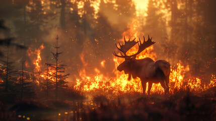 A large moose stands in a field of fire. Serious damage to the ecosystem, destruction of biological species