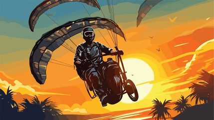Blurred paramotor in the sky and sunset 2d flat cartoon