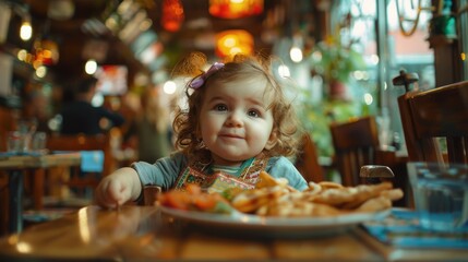 Fototapeta na wymiar A young girl sitting at a table with a plate of food. Suitable for food and family-related concepts