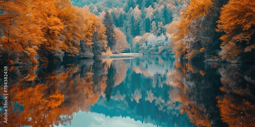 Poster scenic view of a lake surrounded by trees with orange leaves. perfect for autumn-themed designs