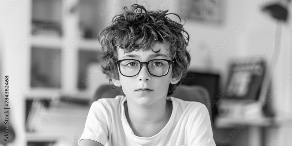 Poster A young boy with glasses sitting at a table. Suitable for educational and lifestyle concepts