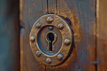 Close up of a keyhole on a wooden door. Suitable for security concepts
