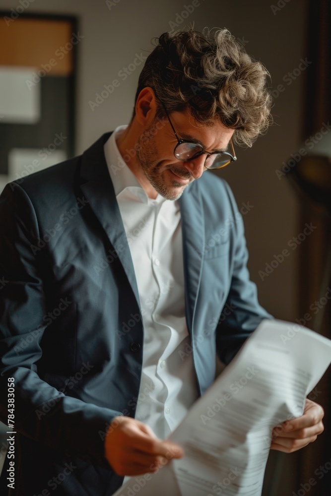 Poster a man in a suit reading a piece of paper. suitable for business presentations