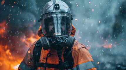 Fototapeta premium Portrait of a firefighter in a protective suit against the background of a fire. The scene is tense and dramatic