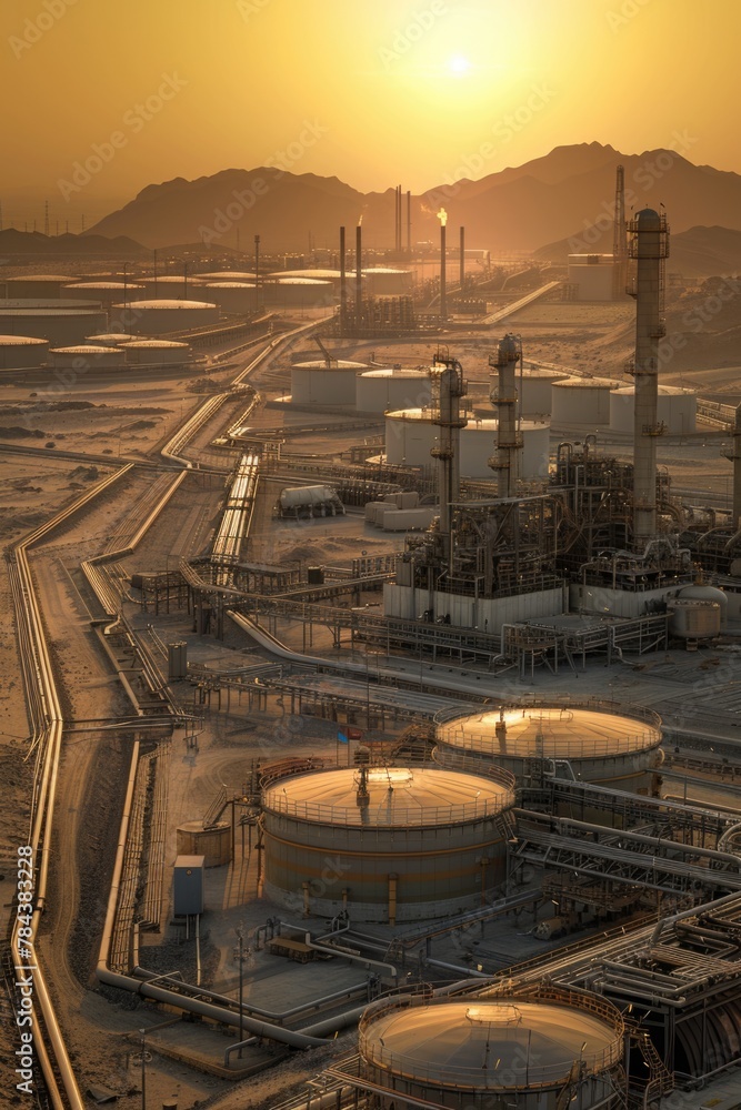 Poster a large oil refinery with multiple storage tanks. suitable for industrial concepts