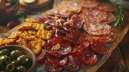 Spanish cold meat plate, chorizo, fuet, lomo, longaniza with olives on a wooden table