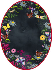 Ovaler Rahmen Garten mit schwarzen Hintergrund Blumen und Schmetterlinge.Blüten,Blätter farbenfroher Vordergrund