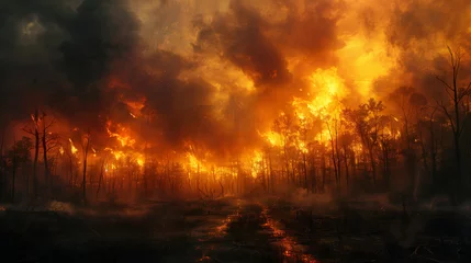 Foto op Plexiglas A forest fire is raging in the distance, with smoke and flames billowing into the sky © chekart