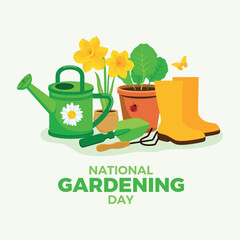National Gardening Day poster vector illustration. Garden watering can, shovel, flowerpot with plant, rubber boots icons. Garden tools icon set vector. Template for background, banner, card - obrazy, fototapety, plakaty