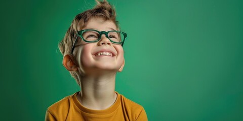 A young boy wearing glasses and a yellow shirt, suitable for educational and lifestyle concepts
