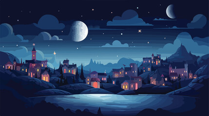 Bright moon village .. 2d flat cartoon vactor illustration - obrazy, fototapety, plakaty