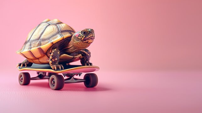 A reptile on wheels, a turtle rides a skateboard on a pink background