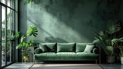 
Modern living room with green sofa, plants and olive wall, minimalist home decor.