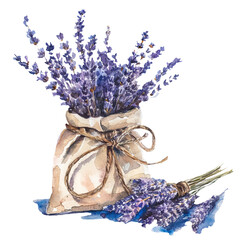 watercolor illustration with lavender flowers, composition of lavender flowers, sachet with dried lavender