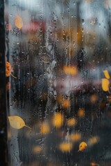 Rainy window with yellow leaves, suitable for autumn themes