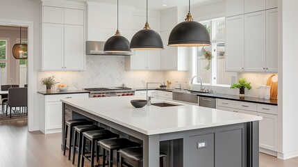 A kitchen with white and grey accents