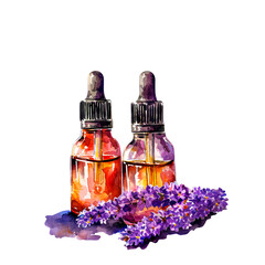 watercolor illustration with lavender flowers, bottles with lavender essential oil, composition of lavender flowers