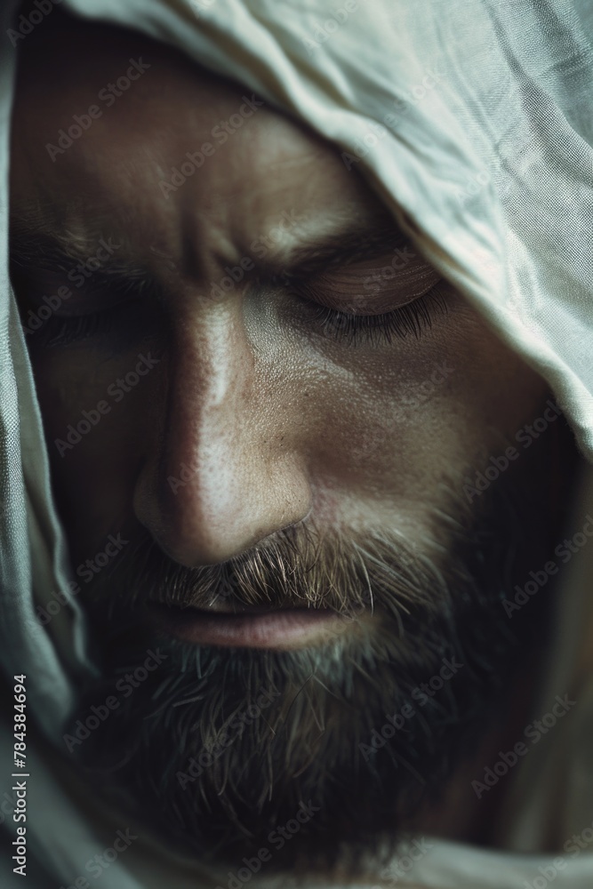 Poster close up of a man with a white cloth on his head, suitable for various concepts and designs