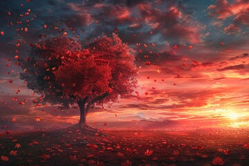 Dreamy sunset landscape, heart tree in brilliant crimson, leaves tumbling, sky in vivid colors