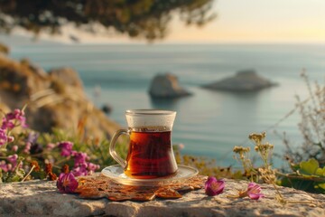 A cup of tea sitting on top of a rock. Suitable for various outdoor concepts