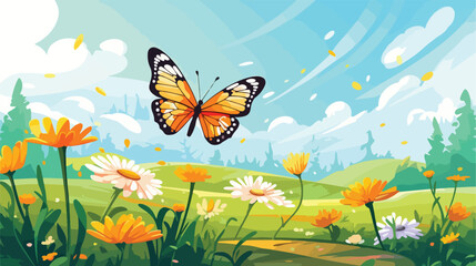 Fototapeta na wymiar Butterfly on flower summer nature spring 2d flat cartoon