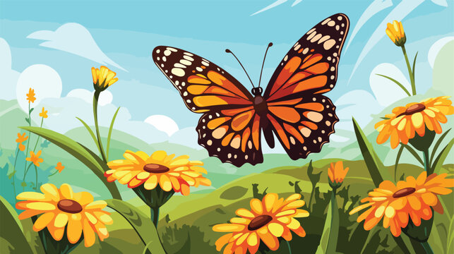 Butterfly on flower summer nature spring 2d flat cartoon