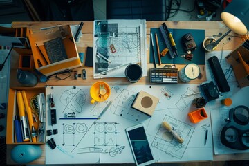 Various items spread out on a table, creating a cluttered yet organized arrangement