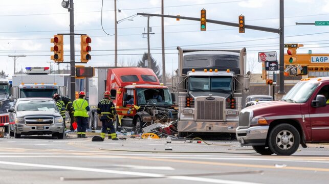 Damaged cars after a car accident crash involving a big rig semi truck with semi trailer at a city street crossroad intersection with traffic light and rescue services to help the injured