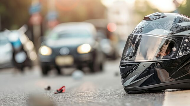 Close-up of a helmet of a driver with a blurred motorbike and car in the background