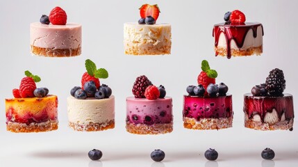 Assorted colorful cheesecakes floating, isolated on white background