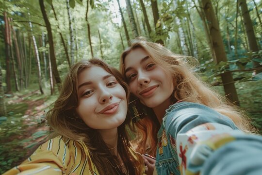 Two girls capturing a moment in the woods. Suitable for social media promotion