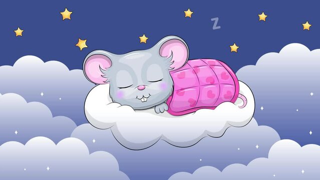 Cute cartoon mouse is sleeping on the cloud. Night looped animation with animal and clouds.