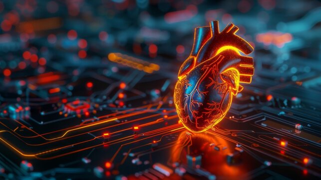 Glowing human heart 3D over circuit board background. Sci-fi futuristic high tech