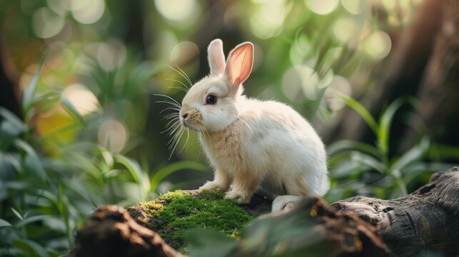 White rabbit sitting on top of a moss covered log. Suitable for nature and wildlife concepts