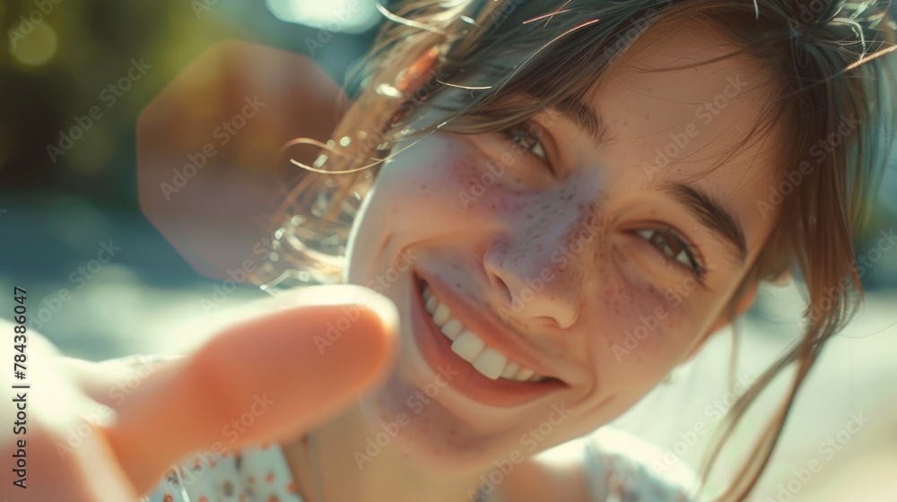 Poster a woman with freckles pointing at the camera, suitable for various concepts and projects