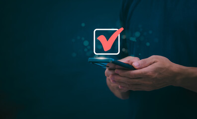 Businessmen mark check blocks to verify the correctness and approve or accept the agreement. in...