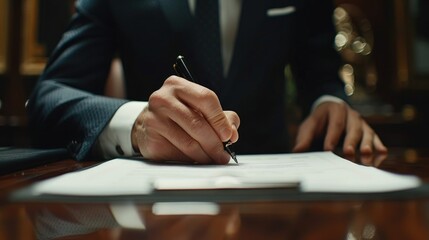 A man in a suit writing on a piece of paper, suitable for business concepts - obrazy, fototapety, plakaty