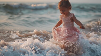 A young girl in a pink dress playing in the ocean. Suitable for family vacation concepts