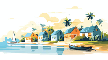 Charming coastal village with thatched cottages and - obrazy, fototapety, plakaty
