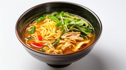 A bowl of soup with noodles and fresh vegetables. Perfect for food and cooking concepts