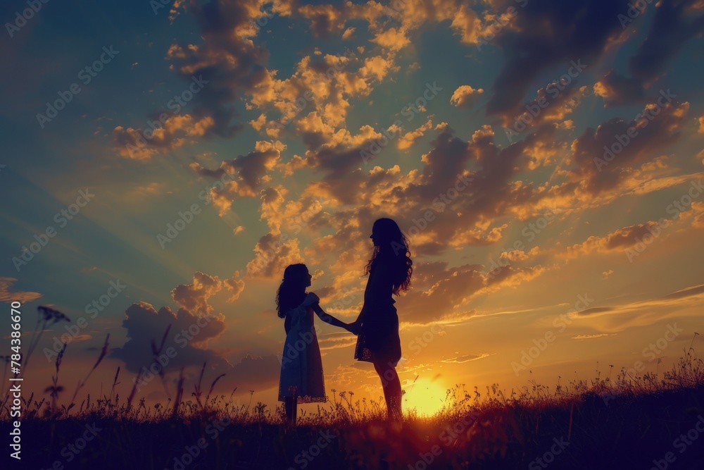 Poster A heartwarming image of a mother and daughter holding hands in a beautiful field at sunset. Perfect for family and love-themed projects