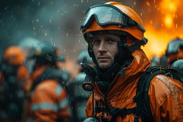 Fireman in full gear with a serious look, while rain and firefighting background is visible